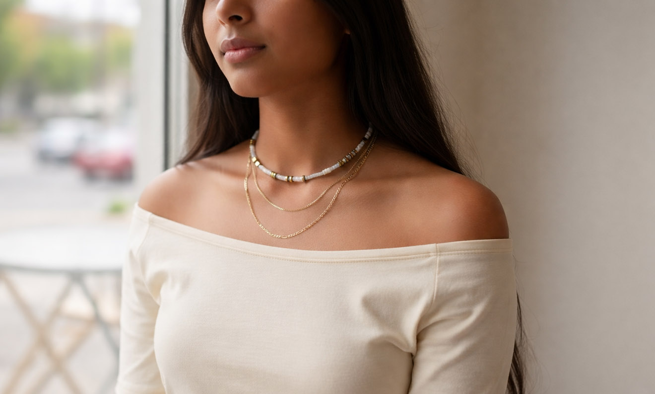 Woman wearing jewelry necklaces