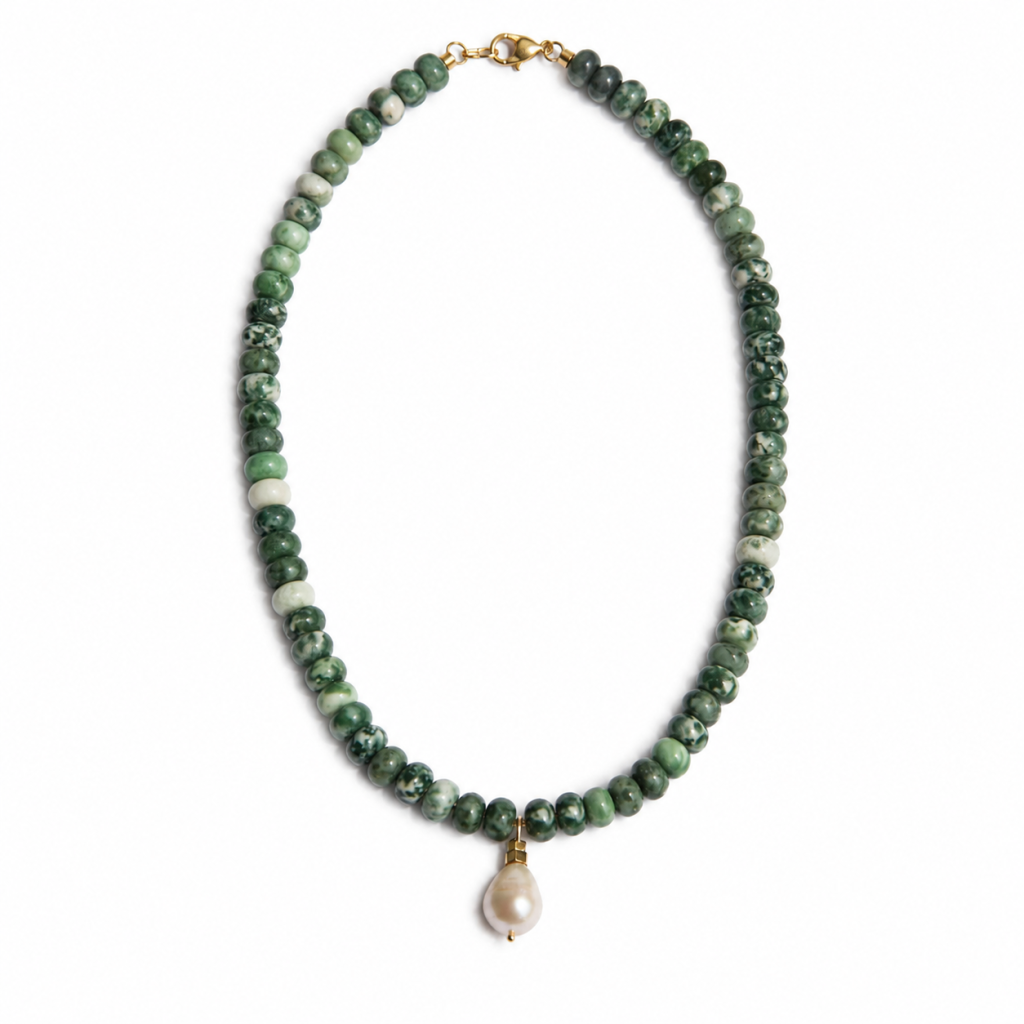 Emerald Pearl - Green Spot Jade necklace with freshwater pearl pendant