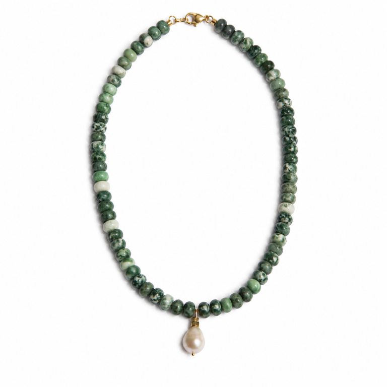Emerald Pearl - Green Spot Jade necklace with freshwater pearl pendant