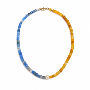 Golden Sky Pearl - blue and yellow Agate necklace with freshwater pearl