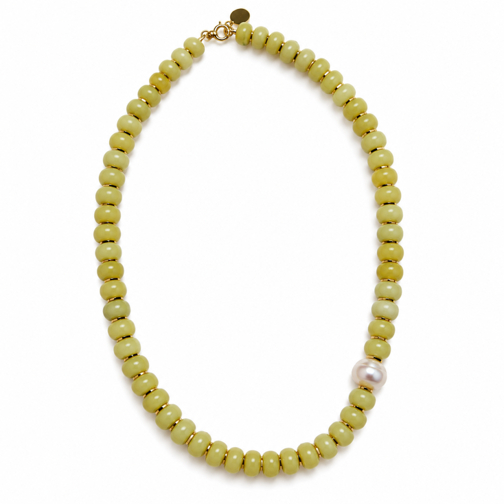 Lemon Pearl Glow - Lemon Jade necklace with freshwater pearl accent